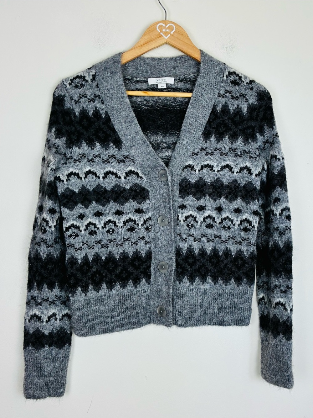 Vince grey and black fairisle alpaca blend v-neck cardigan sweater. Medium. - Picture 2 of 8